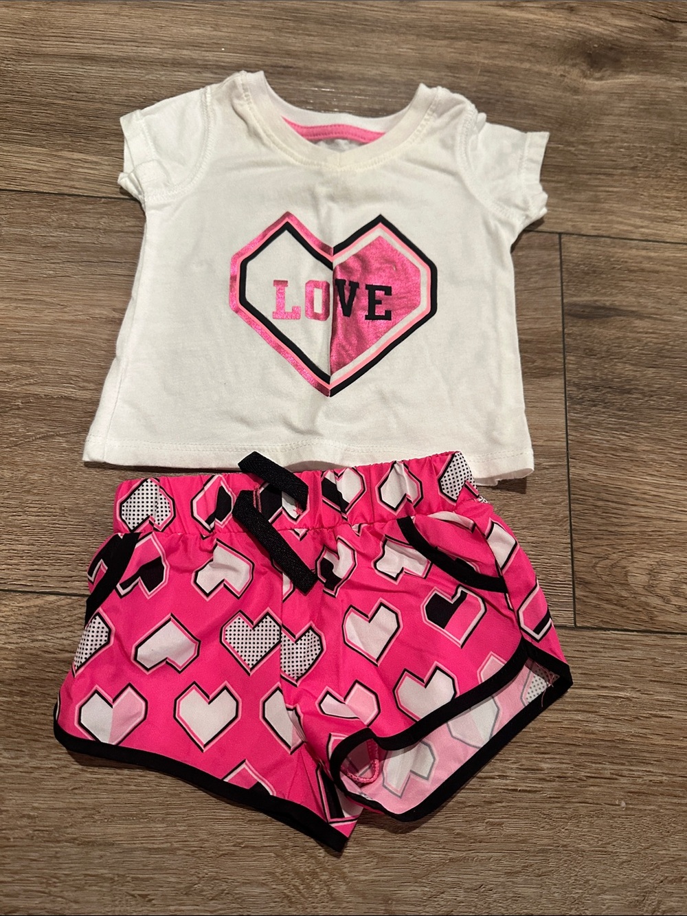 Girls 2-Piece Heart Outfit | White LOVE Tee & Pink Heart Athletic Shorts | 12M